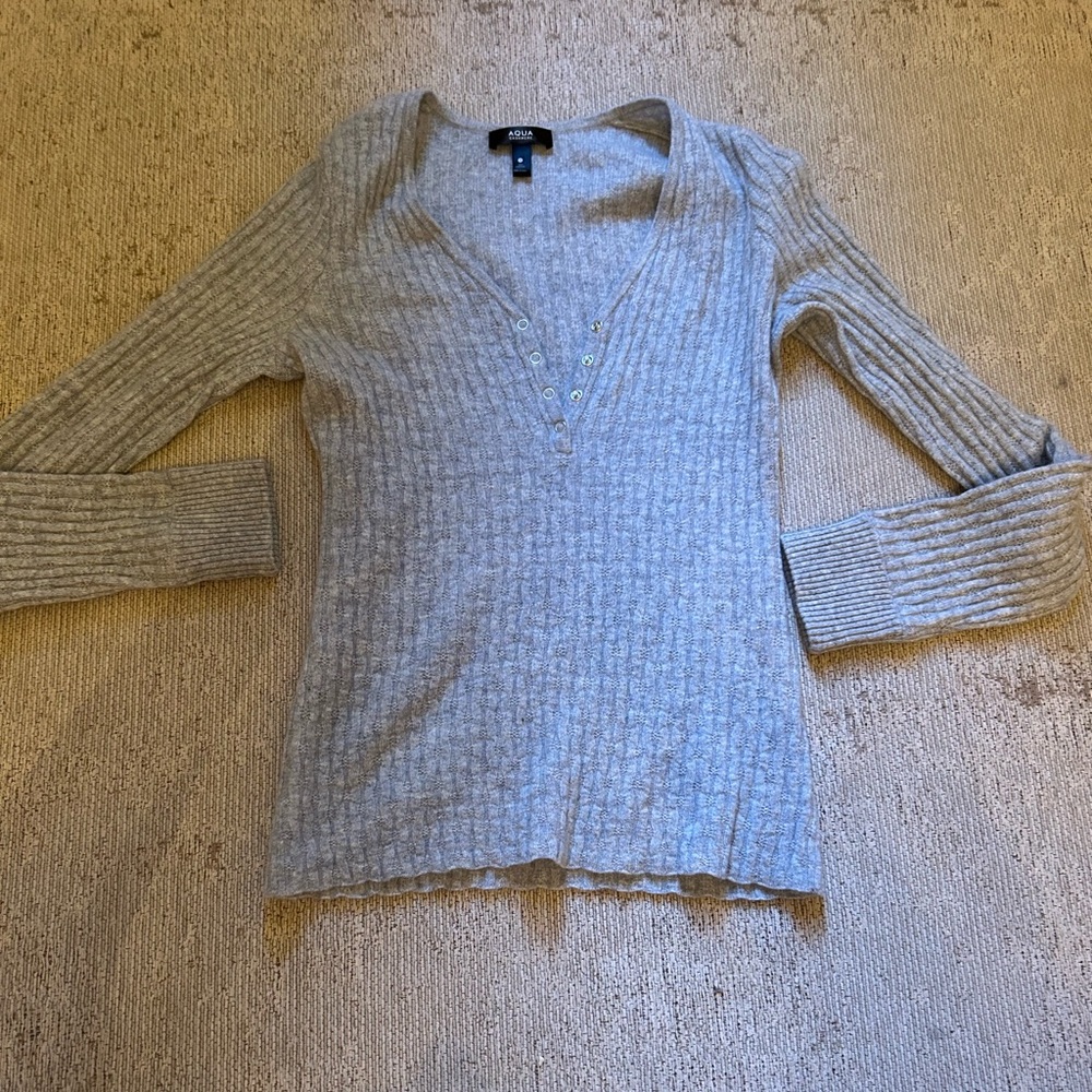 AQUA Cashmere Pointelle Henley Sweater - Bloomingdale’s